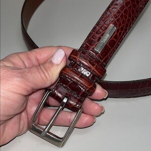 Polo by Ralph Lauren Croc-Embossed Brown Leather Belt with Silver Buckle 42